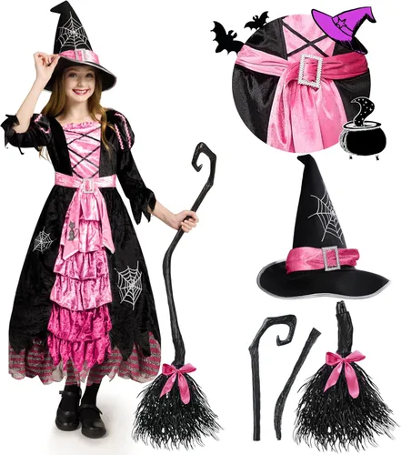 Vista 3 de Spooktacular Creations Disfraz de bruja de cuento de hadas con escoba para niñas