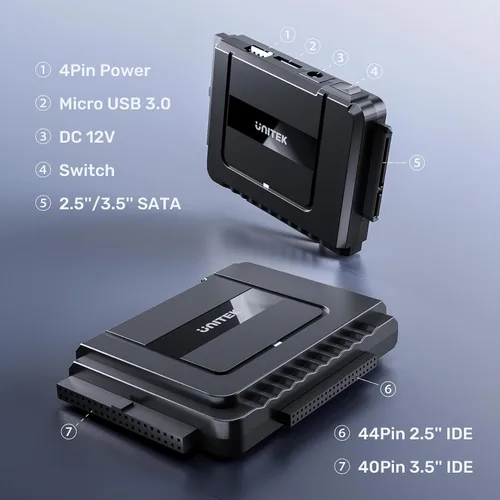 Vista 3 de Unitek Adaptador USB C a SATA IDE – Kit de convertidor de adaptador de disco duro externo para disco duro universal de 2.5/3.5 pulgadas HDD/SSD