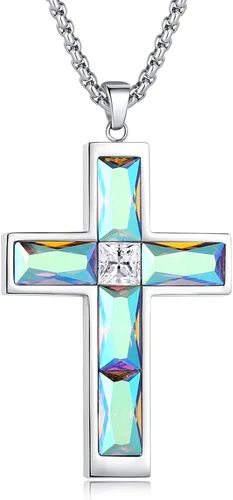 Vista 17 de Collar de cruz con piedra de nacimiento para hombre, collar de cruz de acero inoxidable 316L con colgante de cruz de circonia cúbica para mujer