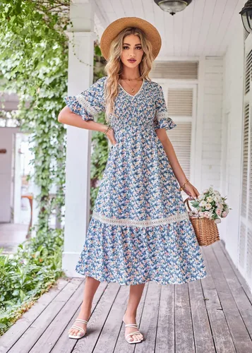 Vista 7 de GRACE KARIN Vestido largo bohemio con cuello en V para mujer, manga corta, fruncido, escalonado, cintura imperio, con volantes, para la playa