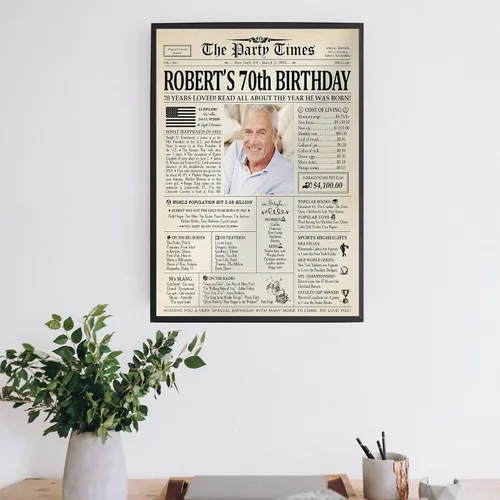Vista 3 de Decoraciones personalizadas para fiesta de cumpleaños número 70, póster de periódico, lienzo de 0.75 pulgadas para mujeres y hombres, regalos de 1953