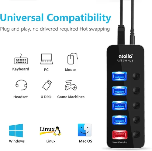 Vista 5 de Concentrador USB con alimentación, atolla Concentrador USB de aluminio de 5 puertos USB 3.0 con 4 puertos de datos USB 3.0 y 1 puerto de carga