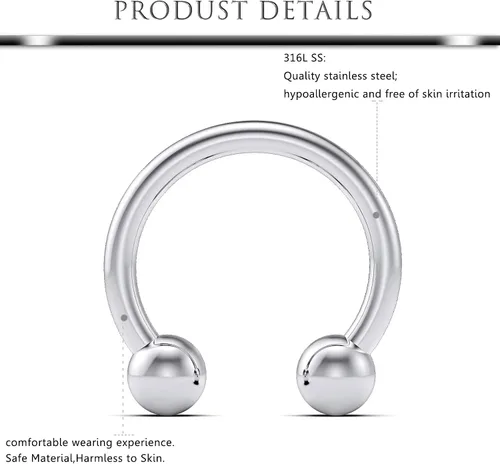 Vista 2 de Hoeudjo 12 piezas de 14G y 16G para tabique, acrílico transparente y acero quirúrgico, anillos de nariz para tabique de herradura, cartílago