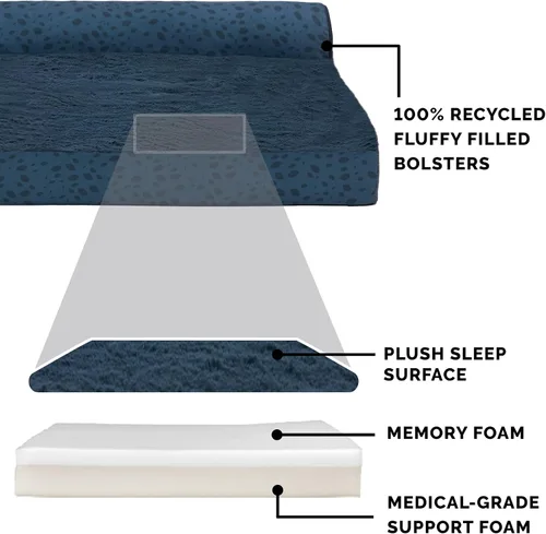 Vista 4 de Furhaven - Cama para perro de espuma viscoelástica, estilo diván en forma de L, de felpa y estampado de almendras, almendras azules, talla jumbo