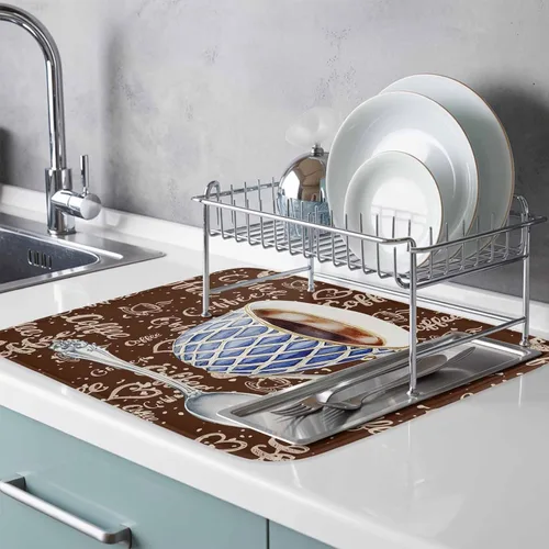 Vista 3 de Tapete de secado de platos con temática de café para encimera de cocina, almohadillas de microfibra para tazas de café, rústicas, estilo rústico