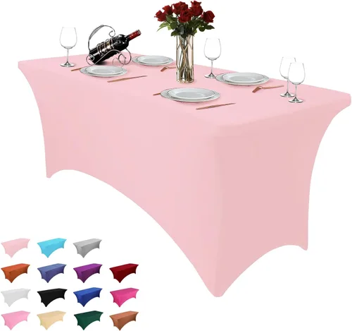 Vista 13 de Paquete de 2 manteles rectangulares de 4 pies para manteles rectangulares color gris azulado, elásticos, manteles de elastano para eventos