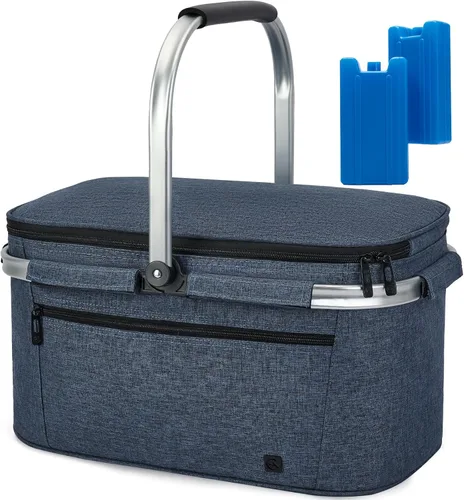 Vista 16 de ALLCAMP Cesta de pícnic, 2 cajas de hielo incluidas con enfriador aislado de 32 litros, cesta de picnic plegable gruesa con cestas extraíbles