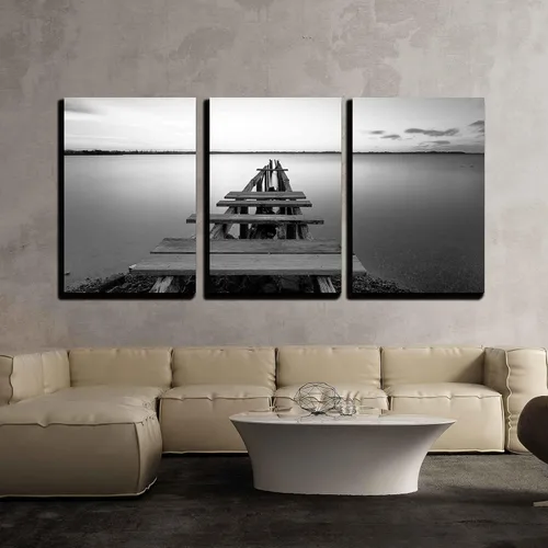Vista 6 de wall26 - Arte de pared en lienzo de 3 piezas - Vista de la isla de Poros, Grecia y barco en blanco y negro - Arte moderno para el hogar estirado