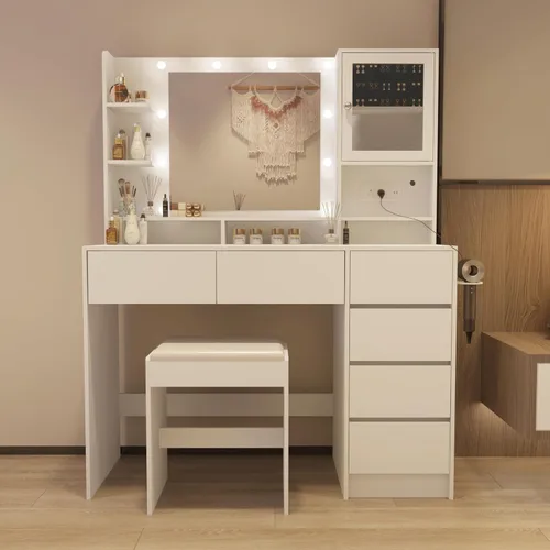 Vista 9 de Escritorio de tocador con espejo y luces, mesa de tocador de maquillaje con 6 cajones y 3 estantes de almacenamiento, toma de corriente y taburete
