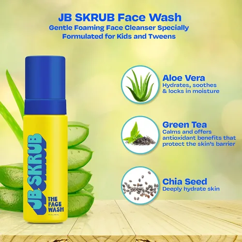 Vista 3 de JB SKRUB The Face Wash - Limpiador facial suave para niños, adolescentes y adolescentes - Lavado facial espumoso sin fragancia con aloe vera