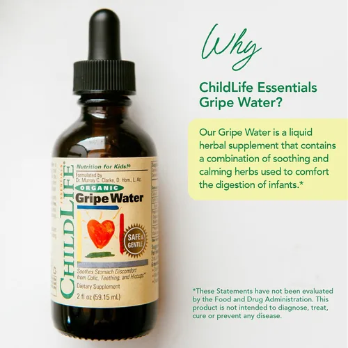 Vista 3 de CHILDLIFE ESSENTIALS Agua orgánica de Gripe para bebés y recién nacidos, alivia las molestias estomacales ocasionales asociadas con cólicos