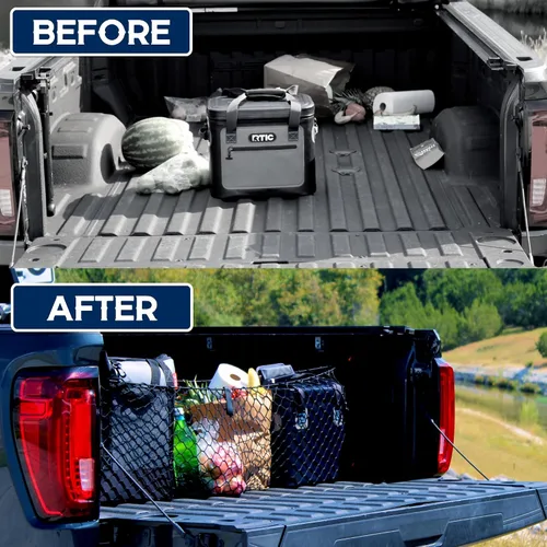 Vista 5 de TacoNets Red de carga de tres bolsillos para Toyota Tacoma 2005-2024, diseño patentado, organizadores y almacenamiento de caja de camioneta