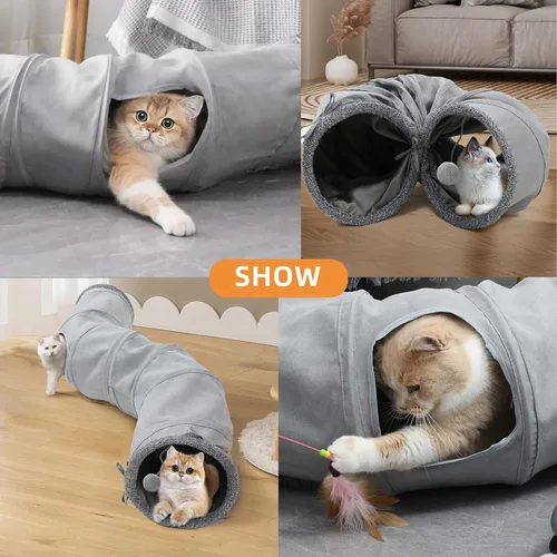 Vista 8 de Túnel para gatos, juguete para gatos de interior, juguete para gatos con pista de rodillos, tubo de juego plegable en forma de S, casa laberinto