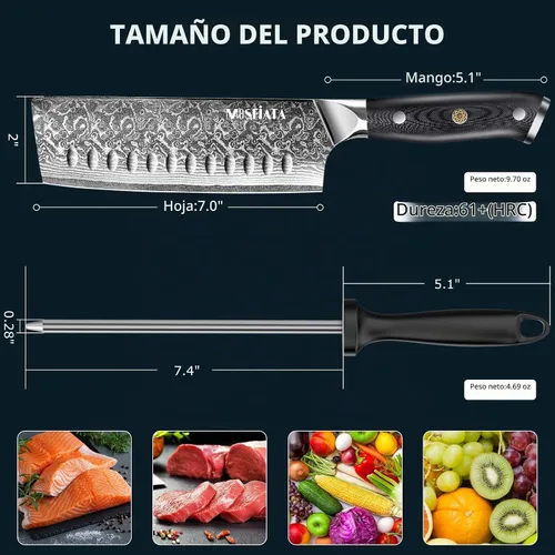 Vista 5 de MOSFiATA 7'Nakiri Cuchillo Damasco Profesional Sharpe Chef Cuchillo Cuchillo Cuchillo de Cocina Cuchillo Cuchillo de Acero Damasco VG-10 Hoja