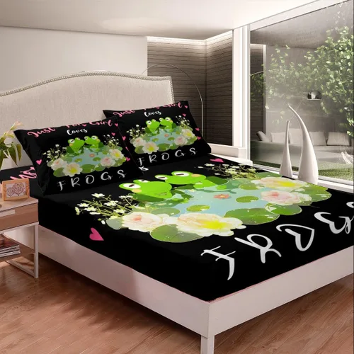 Vista 3 de Erosebridal Juego de sábanas de rana para niños, tamaño individual, lindo juego de sábanas de animales para niños pequeños, juego de sábanas