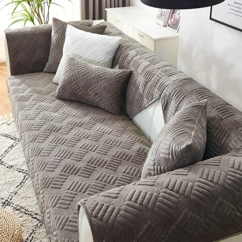 Vista 4 de vctops Funda de sofá de terciopelo para sillón, antideslizante, acolchada, súper suave, funda geométrica cálida en forma de L para sofá, para Marrón