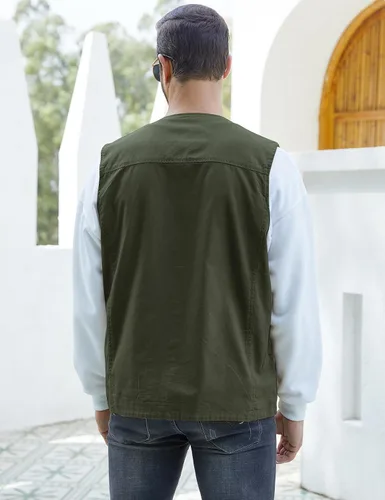 Vista 5 de Gihuo Chaleco de viaje para hombre, casual, con múltiples bolsillos, cuello en V, con botones, de algodón, chaleco de trabajo Verde militar