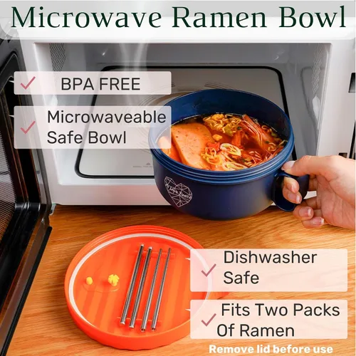 Vista 2 de Tazón de ramen para microondas para sopa y fideos instantáneos con bolsa de almuerzo aislada con cultery, cocina de ramen para microondas