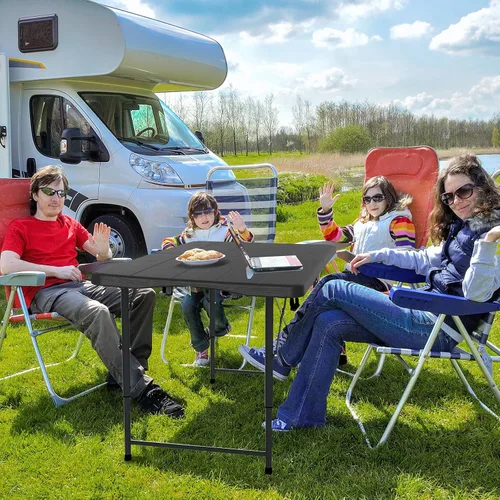 Vista 7 de Vingli - Mesa plegable de 4 pies de plástico para camping, altura ajustable en 3 niveles, portátil para interiores/exteriores, mesa de fiesta Negro