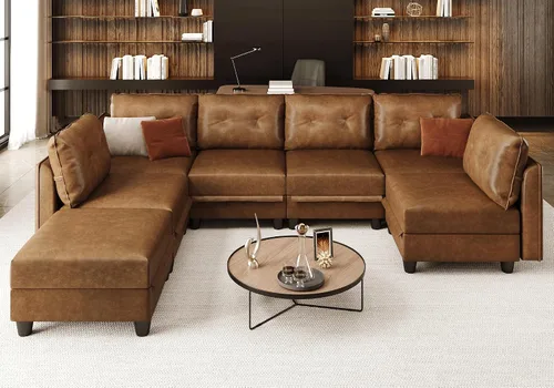 Vista 18 de LLappuil Sofá modular de cuero marrón Sofá seccional con almacenamiento