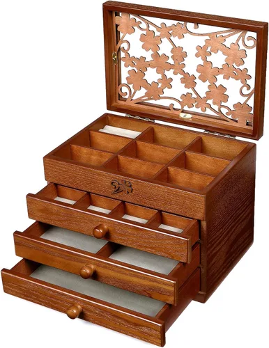 Vista 10 de Changsuo Joyero de madera para mujer con cajones, organizador de almacenamiento de joyas de tamaño mediano con tapa acrílica