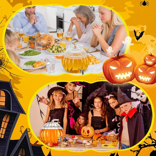 Vista 3 de Uiifan Paquete de 2 dispensadores de bebidas de calabaza de vidrio de 2 galones para otoño, Halloween, suministros de fiesta de Acción de Gracias