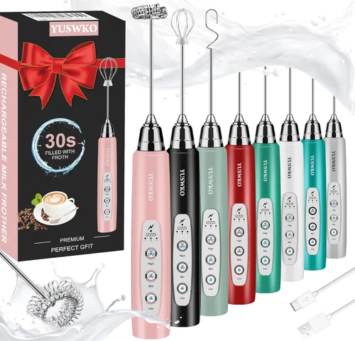 Vista 25 de YUSWKO Baby Blue - Varita espumadora de leche de mano para café, batidor eléctrico recargable con 3 cabezales, 3 velocidades, mezclador de bebidas
