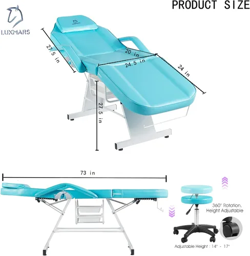 Vista 3 de Silla facial, silla de tatuaje de 73 pulgadas para cliente, mesa de masaje ajustable de 3 secciones con taburete, camas de belleza multiusos