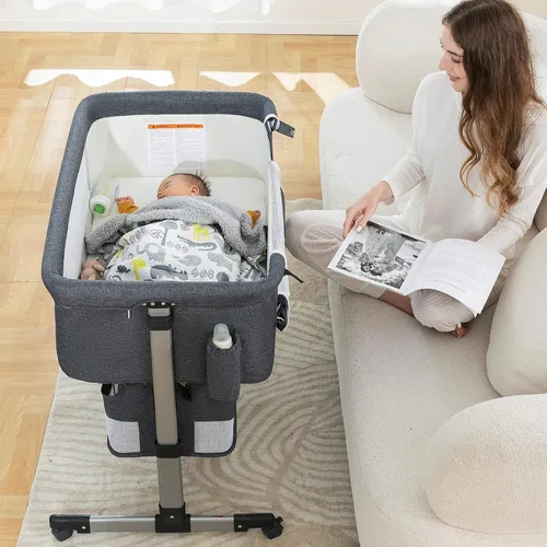 Vista 4 de Ihoming Moisés para bebé, cuna lateral con cesta de almacenamiento, cuna plegable fácil, cama ajustable para bebé recién nacido, gris