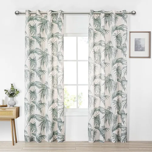 Vista 2 de MYSKY HOME Cortinas de lino para sala de estar de 84 pulgadas de largo, juego de 2 paneles de decoración semitransparentes, cortinas verdes