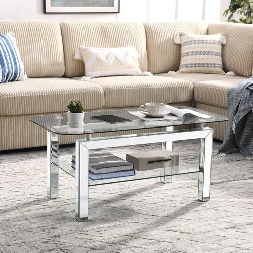 Vista 7 de Mesa auxiliar rectangular con parte superior de vidrio con patas de espejo plateadas para sala de estar, moderna y glamorosa mesa de vidrio templado
