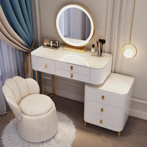 Vista 15 de Tocador, tocador de maquillaje con taburete acolchado, tocador con espejo iluminado LED y mesa auxiliar, mesa de maquillaje con 3 cajones