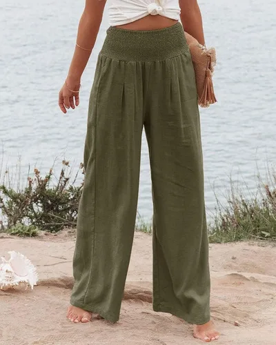Vista 3 de Pantalones de lino de primavera para mujer, pantalones casuales palazzo, cintura alta, bohemios, piernas anchas, holgados, con bolsillo