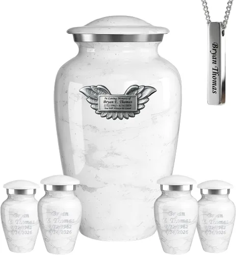 Vista 10 de Juego de 6 urnas de cremación grabadas personalizadas para cenizas humanas, incluye 1 urna grande con 4 recuerdos pequeños y 1 collar de plata