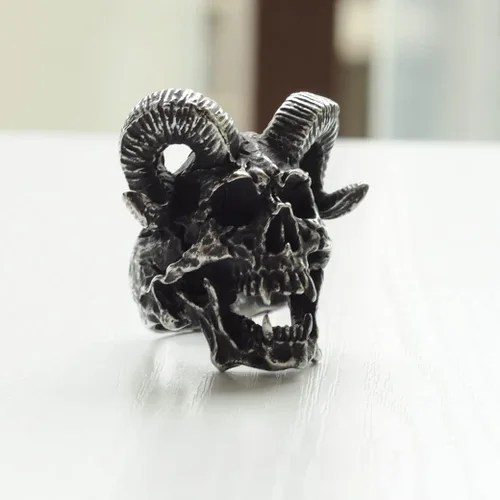 Vista 3 de ZMY Home Demon Head Skull Ring Big Horned Stainless Steel Biker Jewelry Ring Men