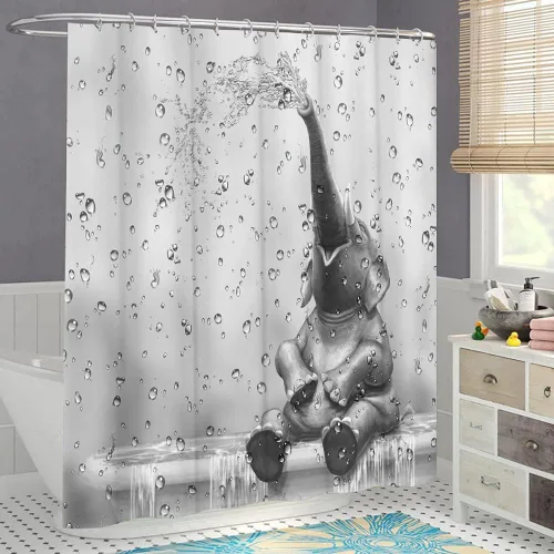 Vista 3 de Cortina de ducha de elefante africano, divertida cortina de baño con diseño de elefante, lindo animal salvaje sobre fondo de gota de lluvia, juego