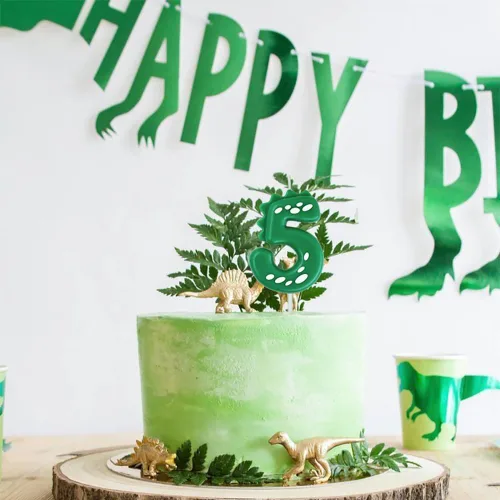 Vista 5 de Vela de cumpleaños verde 0, velas de dinosaurio de 2.76 pulgadas con número de fiesta temática para pastel