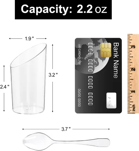 Vista 2 de Paquete de 100 mini tazas de postre con cucharas, vasos de plástico transparente de 2.2 onzas para parfait reutilizables, vasos pequeños para servir