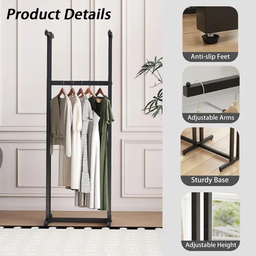 Vista 4 de Percheros de Ropa Negros con 4 Brazos Rectos, Perchero de Metal para Colgar Ropa, Perchero Independiente Heavy Duty, 46" a 63" de Altura Ajustable