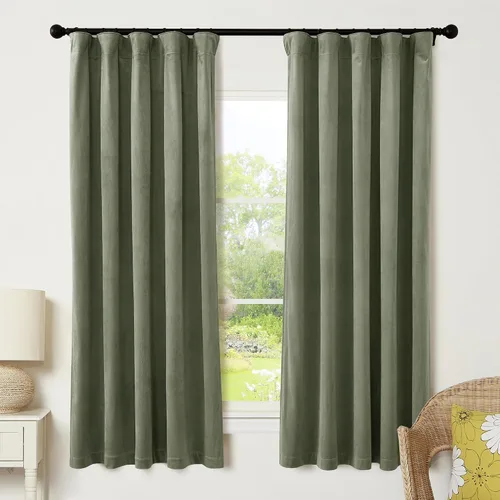 Vista 48 de RYB HOME Cortinas elegantes de terciopelo verde de 63 pulgadas de largo, bloqueo de luz, aislamiento térmico, elegantes cortinas de terciopelo