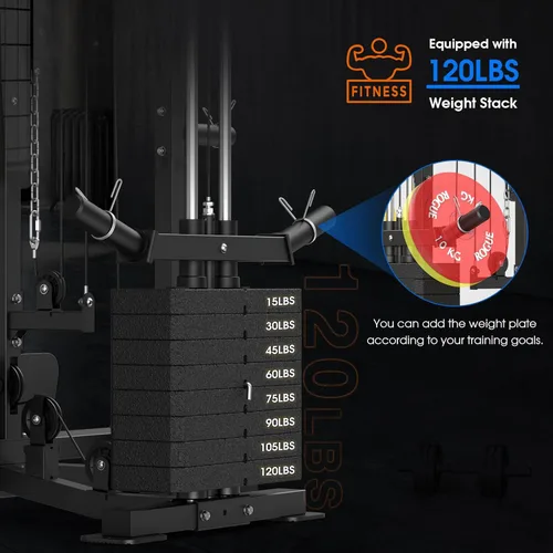 Vista 3 de SunHome Smith Machine, soporte para sentadillas Power Cage con barra Smith, sistemas de tracción LAT, máquina cruzada de cables y accesorio de cable