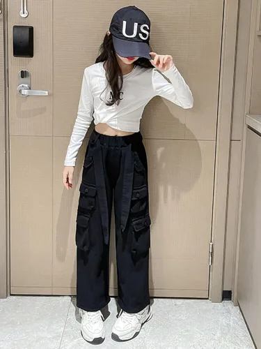 Vista 6 de Rolanko Pantalones cargo holgados de pierna ancha Y2K de cintura alta para niños pantalones sueltos casuales de 4 a 15 años