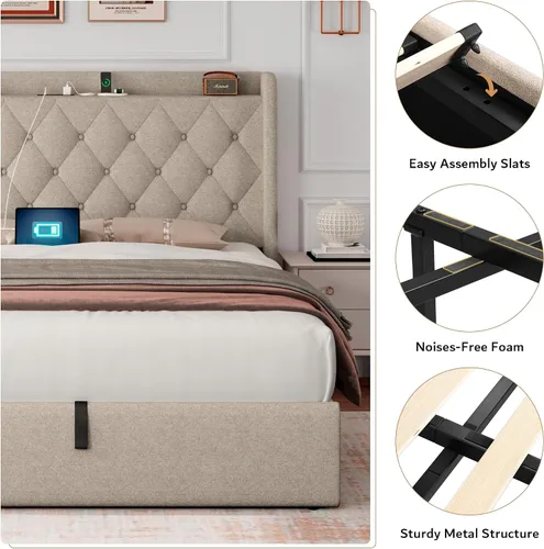 Vista 6 de iPormis Base de cama de almacenamiento elevable de tamaño completo con estación de carga, base de cama de plataforma tapizada con cabecera capitoné