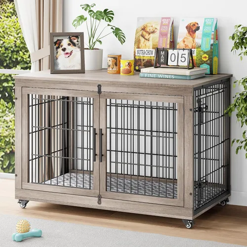 Vista 18 de YaFiti Mueble de jaula para perros con cojín, perrera de madera para interiores con puertas dobles, jaula para perros con ruedas, mesa auxiliar