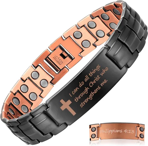 Vista 15 de MagEnergy Pulsera de cobre para hombre, pulsera magnética cristiana con imanes ultra fuertes, diseño de cruz bíblica ajustable, regalo de joyería