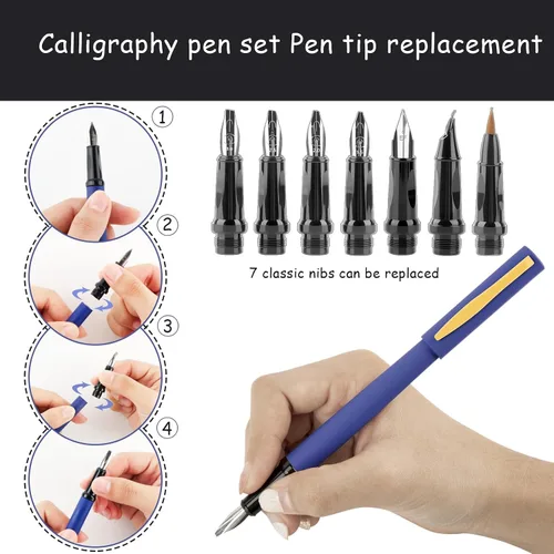 Vista 4 de Juego de bolígrafos de caligrafía Aifeiter, plumas estilográficas de caligrafía con 7 puntas reemplazables diferentes con 60 cartuchos de tinta