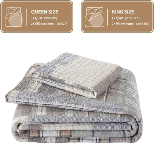 Vista 6 de KALOOLA Colchas de estilo granja tamaño Queen, 100% algodón, colcha acolchada ligera con 2 fundas de almohada, juego de ropa de cama estampada