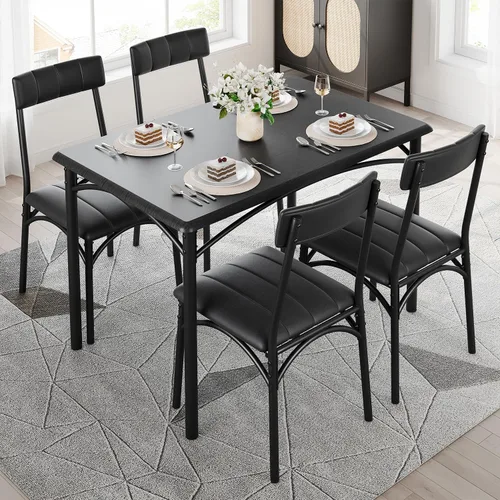Vista 2 de Mesa de cocina y sillas para 4, juego de comedor rectangular con sillas tapizadas, perfecto para espacios pequeños, color negro rústico