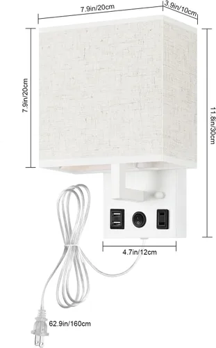 Vista 2 de Vrisa Juego de 2 apliques de pared para dormitorio, lámpara de pared enchufable, lámparas de noche con puertos USB y toma de corriente