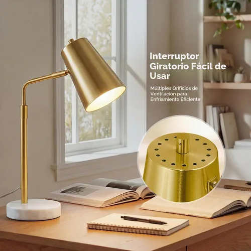 Vista 2 de VONLUCE Lámpara de escritorio dorada con bombilla LED ajustable, lámpara